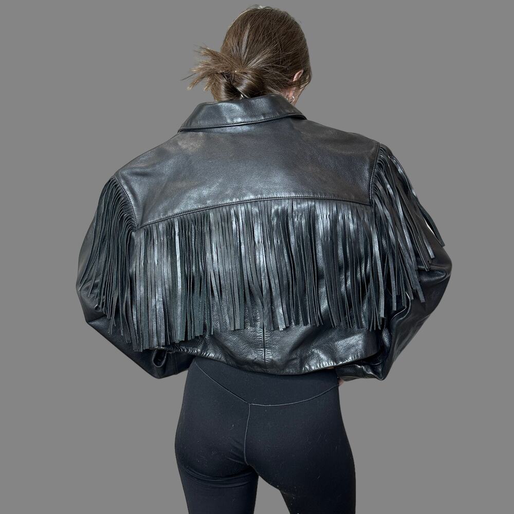 Re/Done Black Leather Fringe Jacket Drop Shoulder Women's Small NWOT - Picture 2 of 16